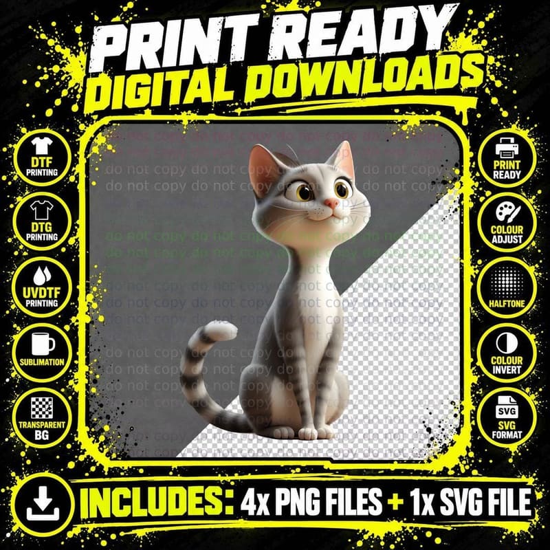 Tabby Cat Sitting Pet Lover Graphic Design with Big Png SVG Digital Bundle