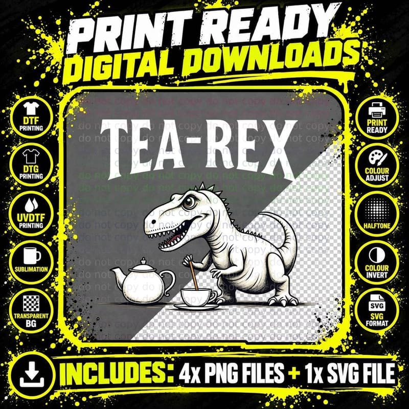 Tea-Rex Funny Pun Dinosaur Minimalist Line Art Png SVG Digital Bundle