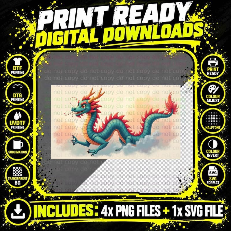 Teal and Yellow Dragon Cartoon Fantasy Art T-Shirt Png SVG Digital Bundle