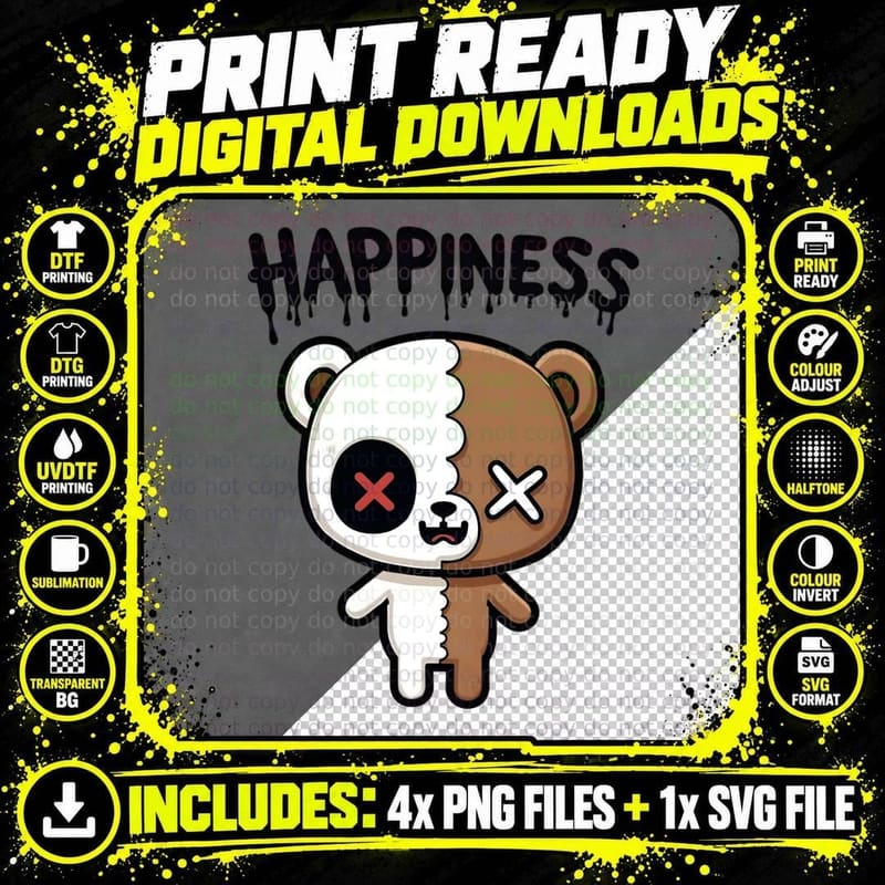 Teddy Bear Skull Dripping Graffiti Happiness T-Shirt Png SVG Digital Bundle