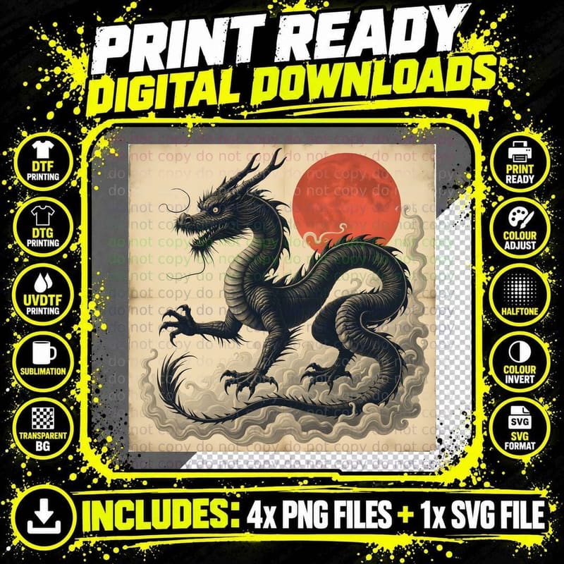 Traditional Black Dragon Ready to Strike Red Moon Png SVG Digital Bundle