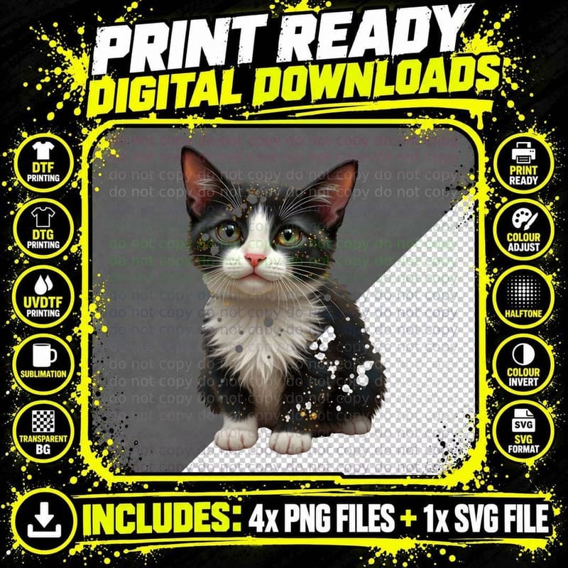 Tuxedo Cat Green Eyes Gold Glitter Whimsical Pet Lover Png SVG Digital Bundle