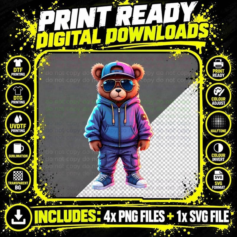 Urban Style Bear with Neon Colors T-Shirt Png SVG Digital Bundle