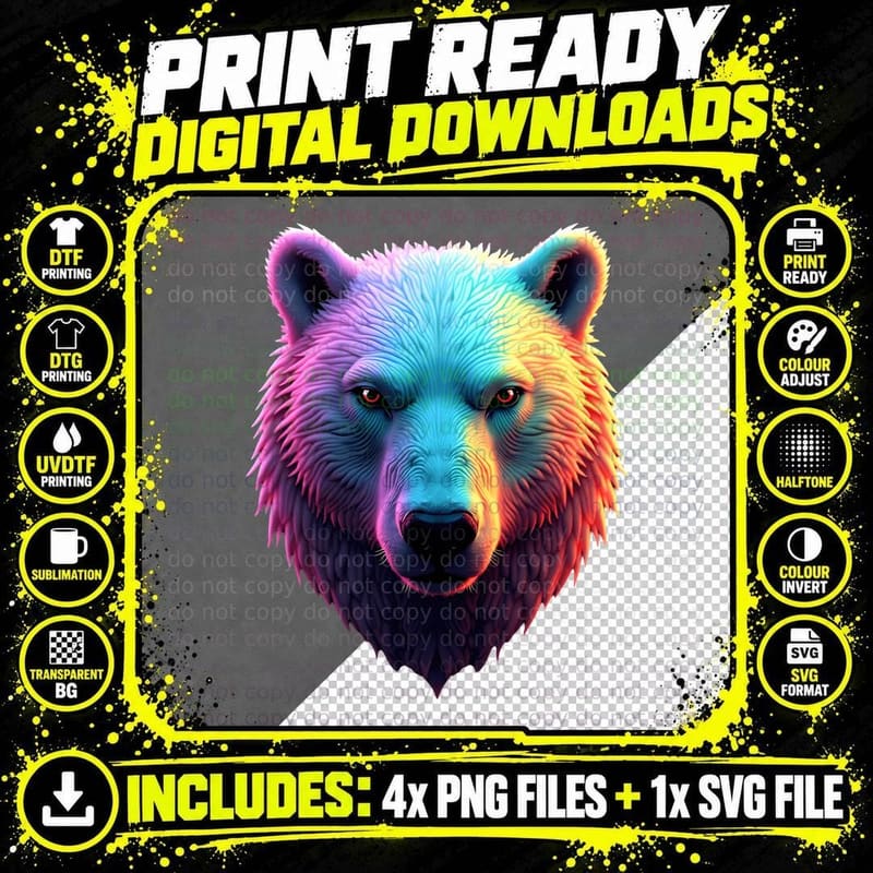 Vibrant Bear Head Rainbow Fur Glowing Eyes Animal T-Shirt Png SVG Digital Bundle