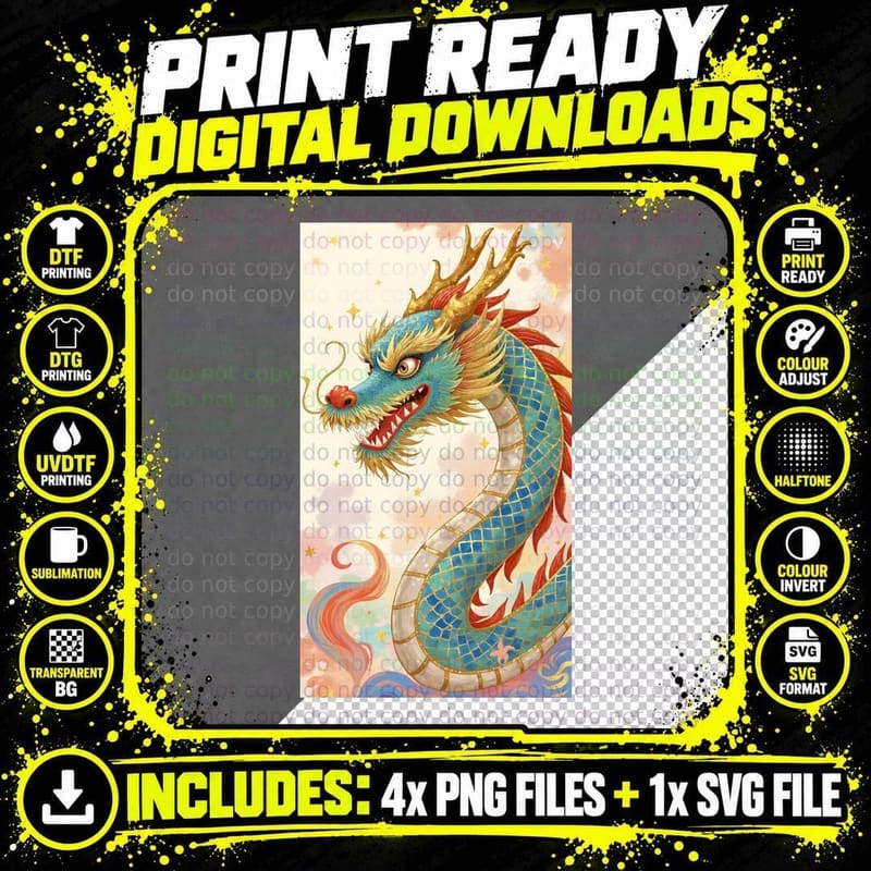 Vibrant Blue and Green Dragon Fantasy Art T-Shirt Png SVG Digital Bundle