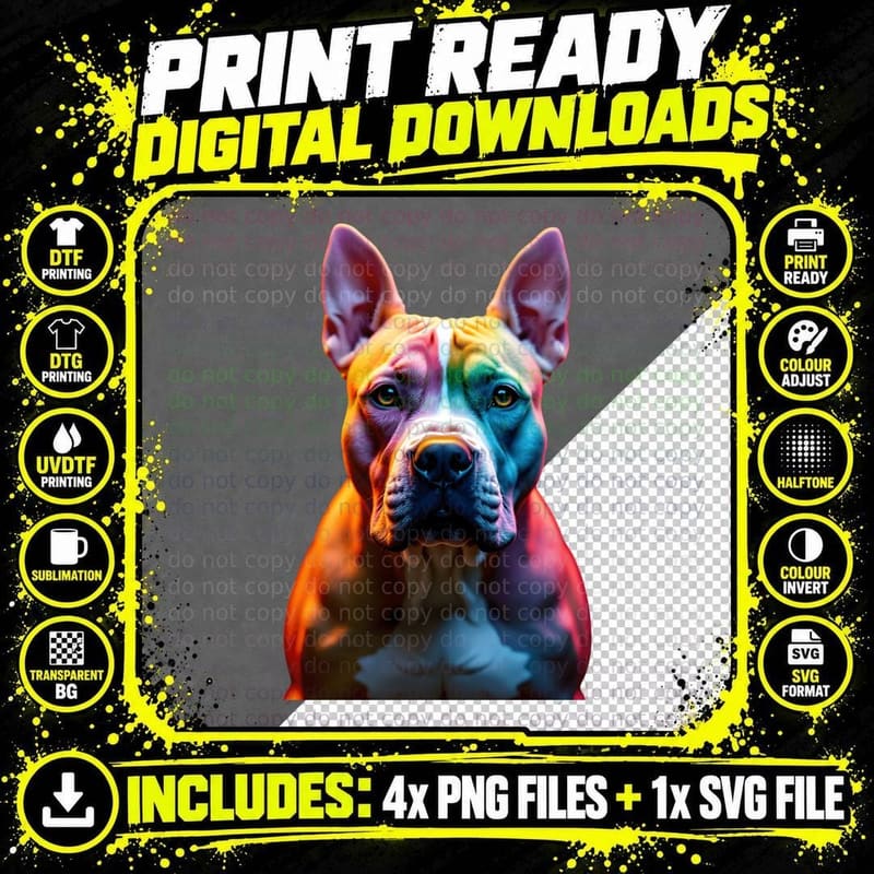 Vibrant Bully Dog Multicolored Rainbow Muscular Animal Png SVG Digital Bundle
