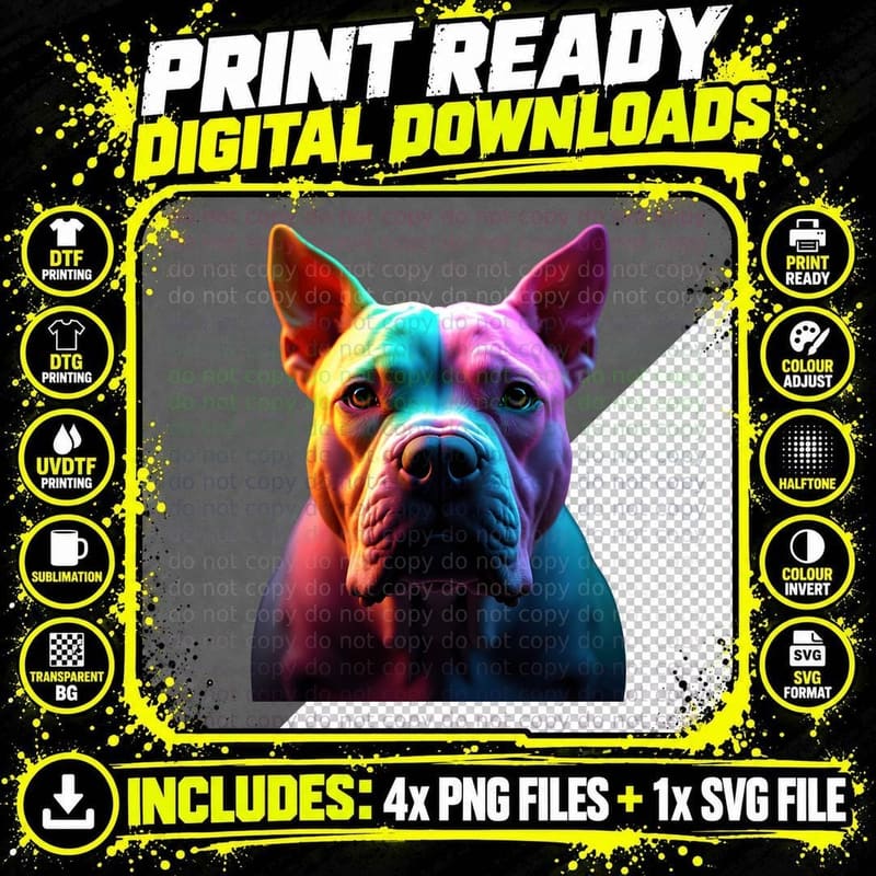 Vibrant Bully Dog Multicolored Sheen Yellow Pink Blue Png SVG Digital Bundle