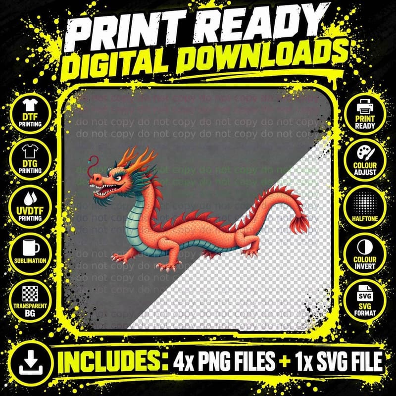 Vibrant Cartoon Orange Chinese Dragon Illustration Png SVG Digital Bundle