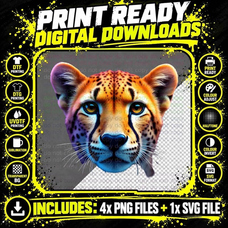 Vibrant Cheetah Orange Amber Eyes Blue Purple Cat T-Shirt Png SVG Digital Bundle