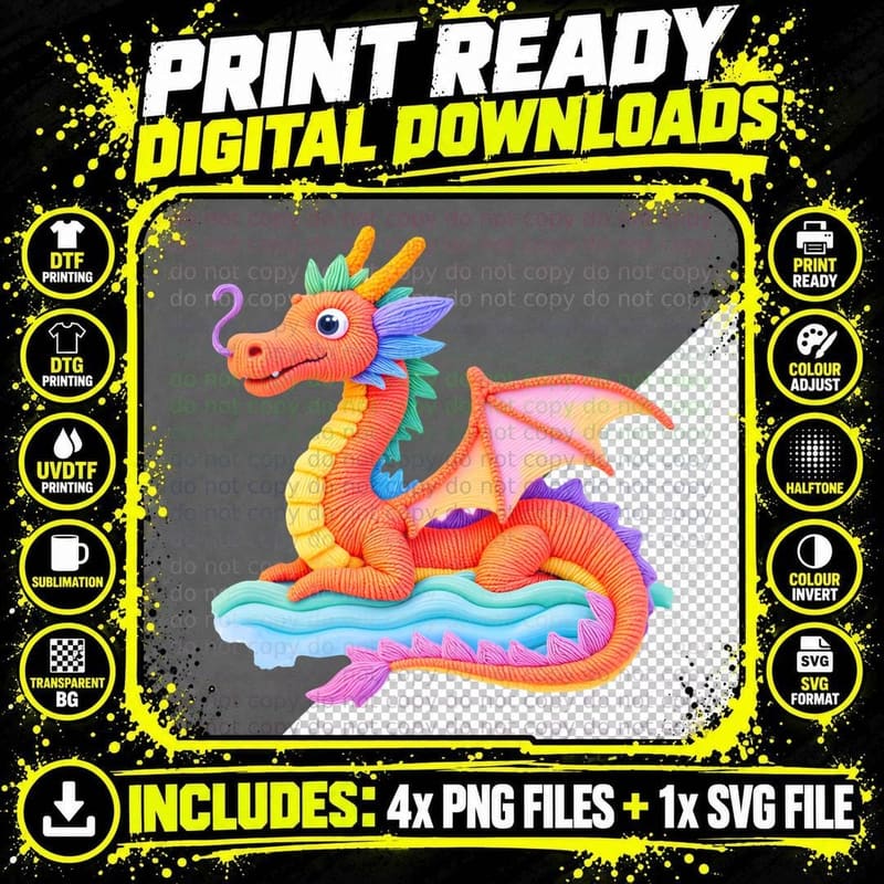 Vibrant Embroidered Dragon Art Gradient Body Wavy Png SVG Digital Bundle