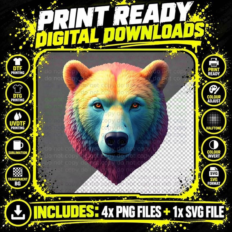 Vibrant Kaleidoscope Bear Colorful Animal Heart Shaped Png SVG Digital Bundle