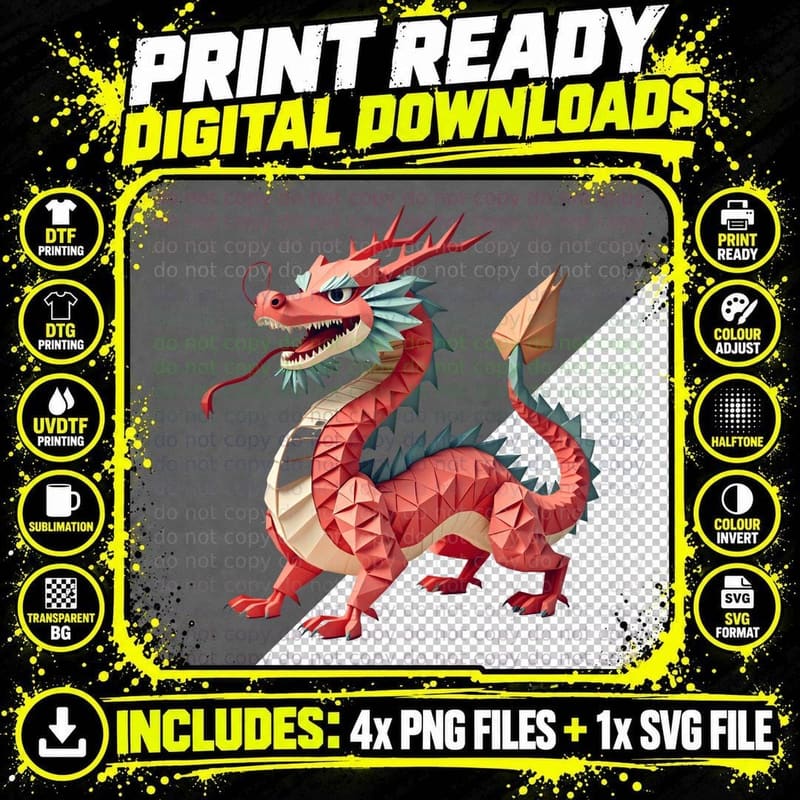 Vibrant Low-Poly 3D Red and Orange Dragon Geometric Png SVG Digital Bundle