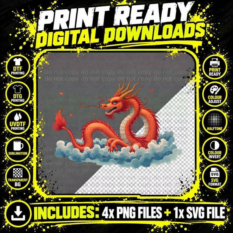 Vibrant Orange Dragon Blue Clouds Illustration T-Shirt Png SVG Digital Bundle