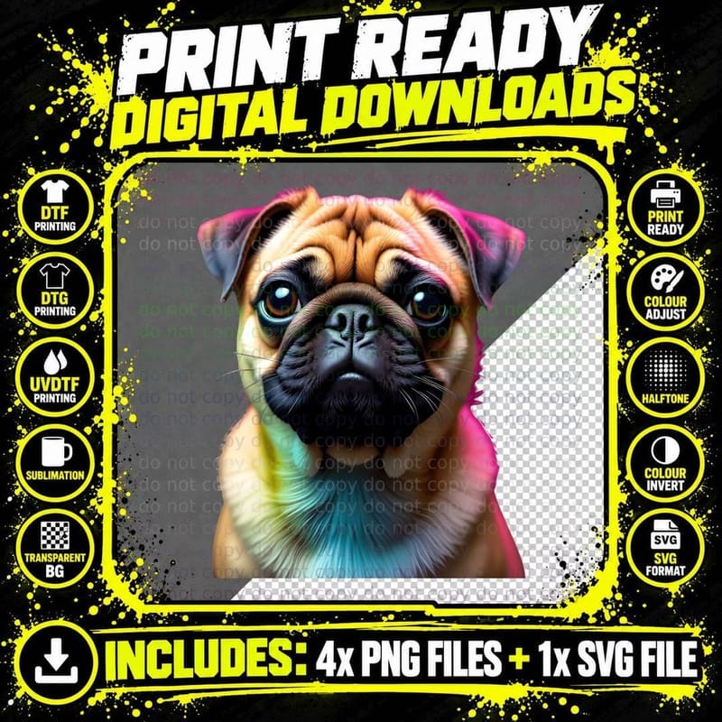 Vibrant Pug Dog Rainbow Aura Colorful Animal Lover Png SVG Digital Bundle
