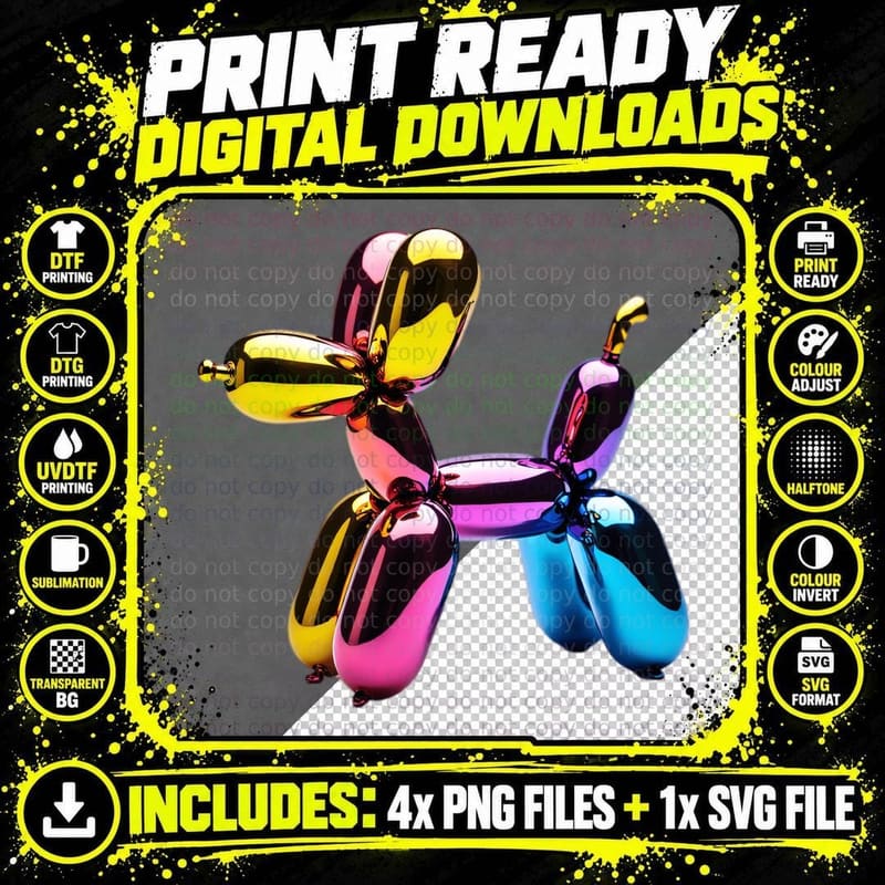 Vibrant Rainbow Chrome Balloon Dog Reflective Surface Png SVG Digital Bundle