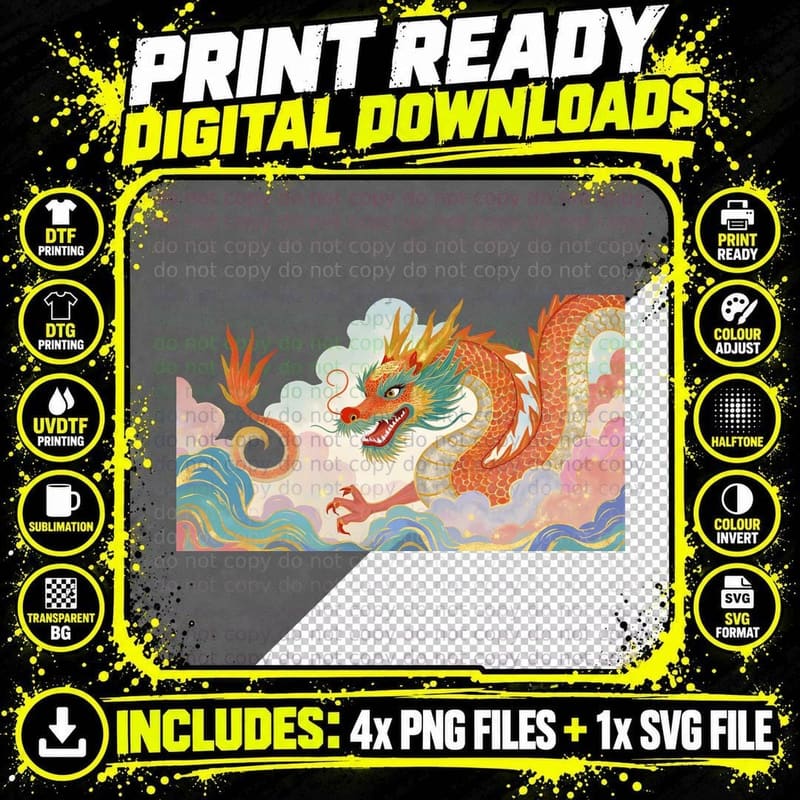 Vibrant Red-Orange Dragon Fantasy Clouds T-Shirt Png SVG Digital Bundle