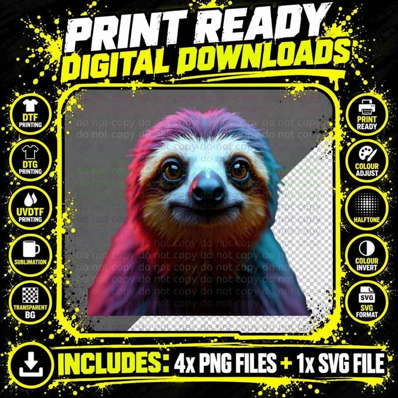 Vibrant Sloth Face Colorful Glow Pink Blue Animal T-Shirt Png SVG Digital Bundle