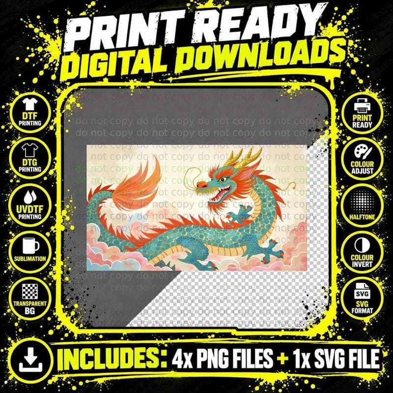 Vibrant Stylized Turquoise Dragon with Gold Accents and Png SVG Digital Bundle
