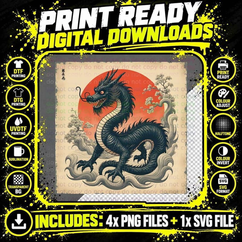 Vintage Style Black Dragon Red Sun Japanese Art Worn Png SVG Digital Bundle