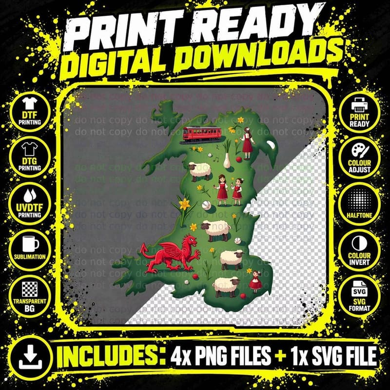 Wales Map Cartoon Sheep Dragon Welsh Gift T-Shirt Png SVG Digital Bundle