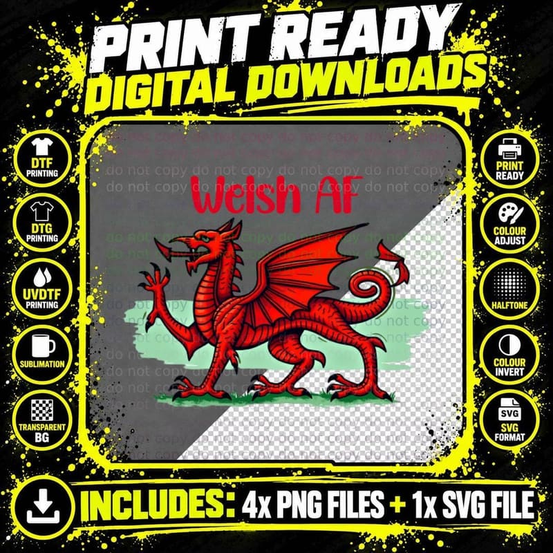 Welsh AF Red Dragon Green Grass T-Shirt Png SVG Digital Bundle
