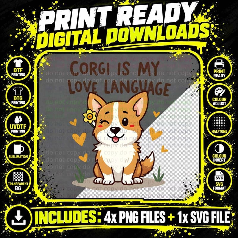 Welsh Corgi Cartoon Love Language Tee Png SVG Digital Bundle