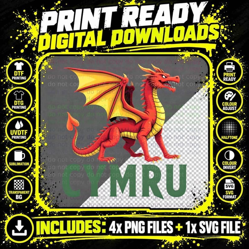 Welsh Cymru, Detailed Dragon, Wales Dragon T-Shirt Png SVG Digital Bundle