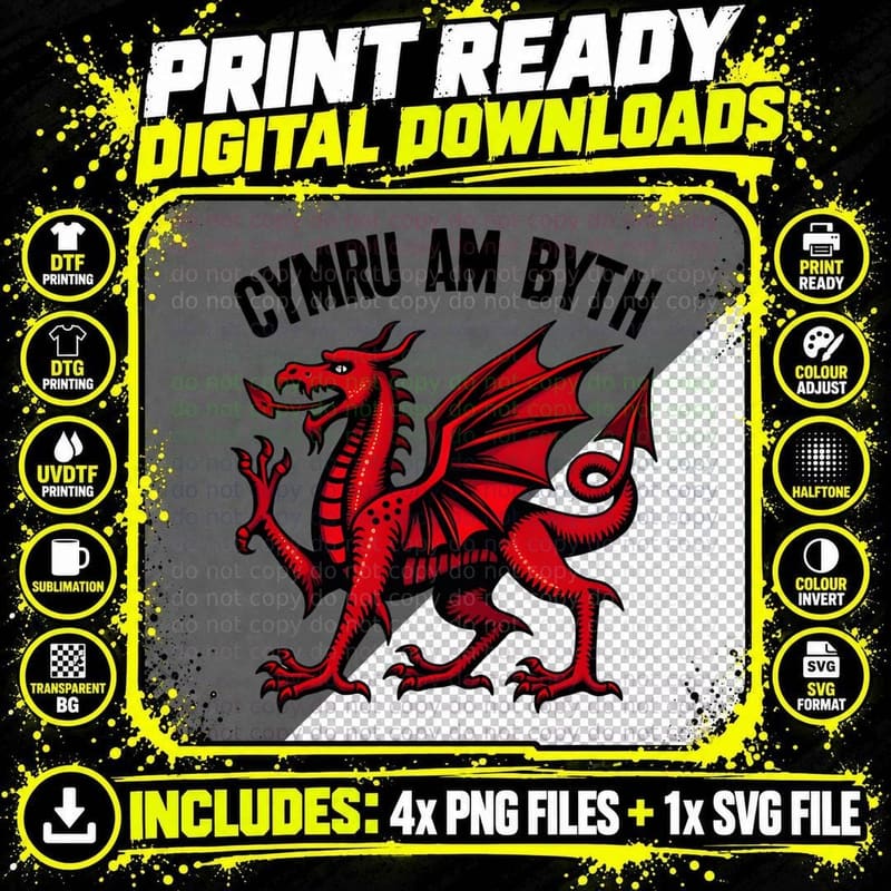 Welsh Dragon Cymru Am Byth Vintage Style Graphic Tee Png SVG Digital Bundle