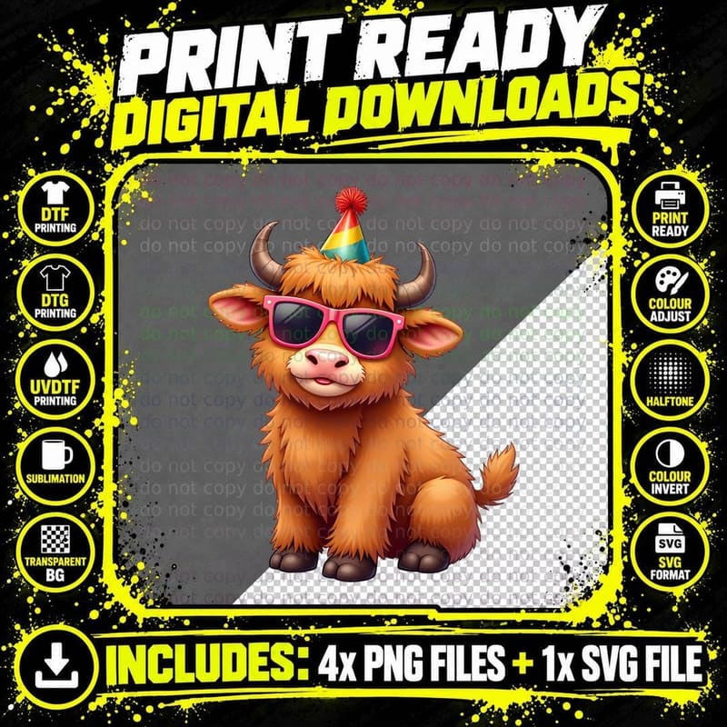 Whimsical Birthday Highland Cow T-Shirt Png SVG Digital Bundle