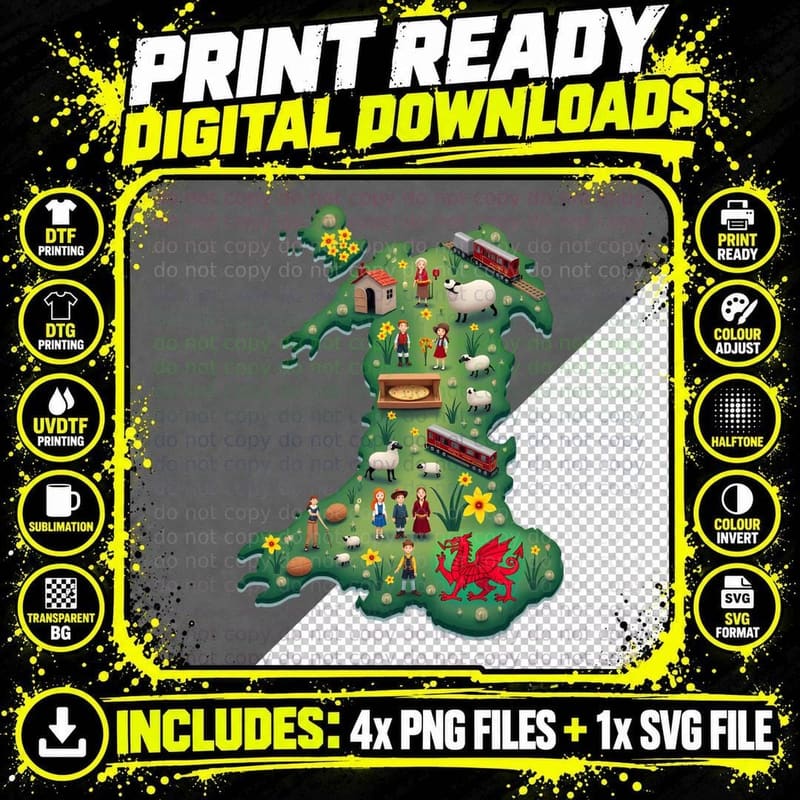 Whimsical Cartoon Wales Map with Daffodils and Red Png SVG Digital Bundle