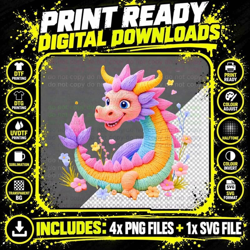 Whimsical Embroidered Dragon Pastel Floral Motif T-Shirt Png SVG Digital Bundle