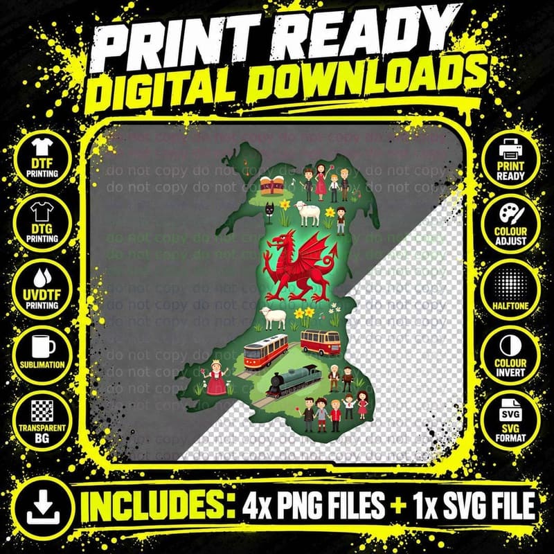 Whimsical Wales Map Welsh Dragon Sheep Cartoon Country Png SVG Digital Bundle