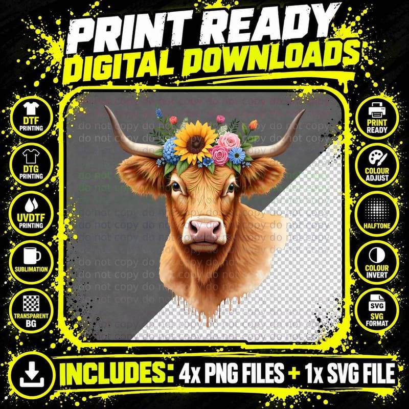 Whimsical Watercolor Highland Cow T-Shirt Png SVG Digital Bundle
