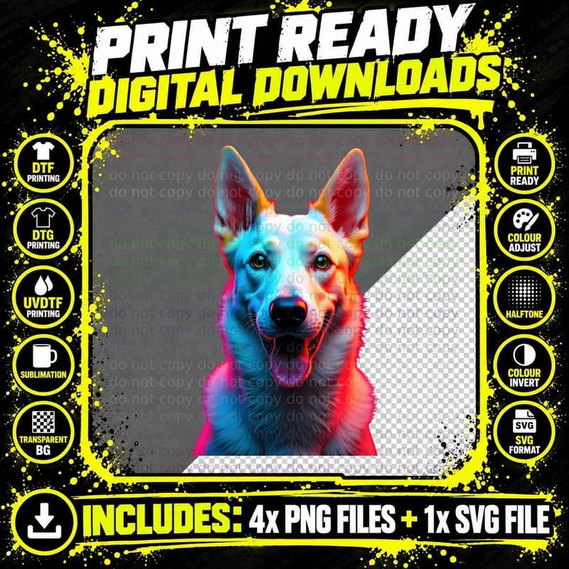 White Dog Portrait Glowing Blue Red Neon Animal Print Png SVG Digital Bundle