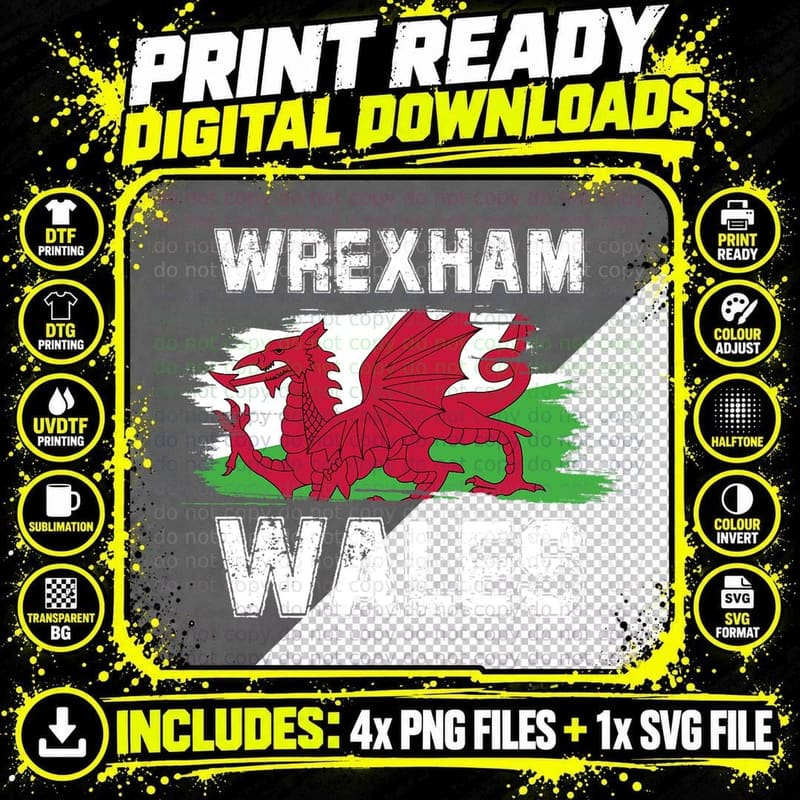 Wrexham Wales Welsh Red Dragon T-Shirt Png SVG Digital Bundle