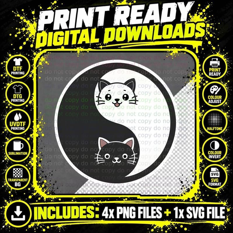Yung Yang Cat Cute Cartoon Minimalist Cat Lover Png SVG Digital Bundle