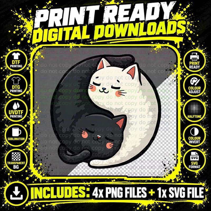 Yung Yang Cat Cute Cartoon Yin-Yang Harmony Minimalist Png SVG Digital Bundle