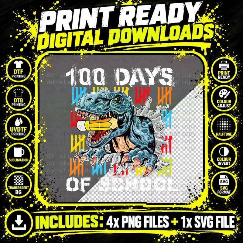 100th Day of School Dino Kids Happy 100 Days Dinosaur Png SVG Digital Bundle