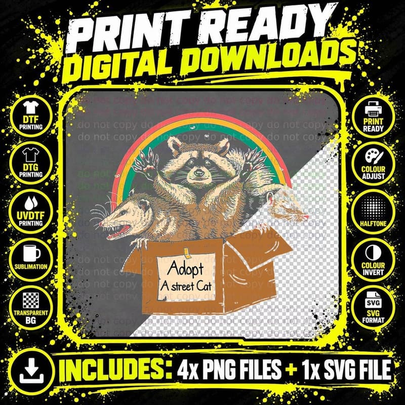 Adopt a Street Cat Funny Opossum Raccoon Skunk Vintage Png SVG Digital Bundle