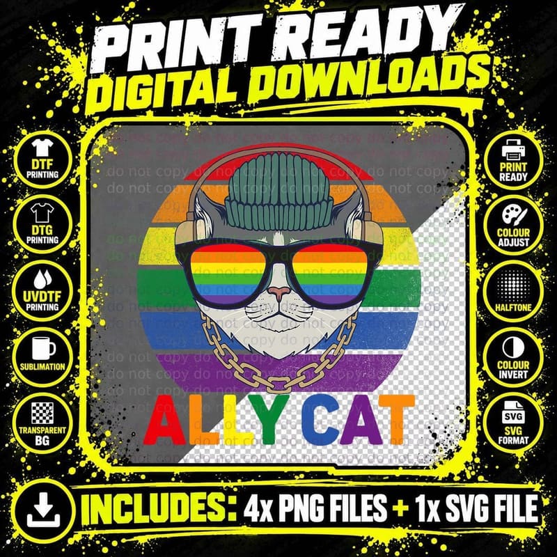 Ally Cat LGBT Gay Rainbow Pride Flag - Ally Cat LGBT Png SVG Digital Bundle