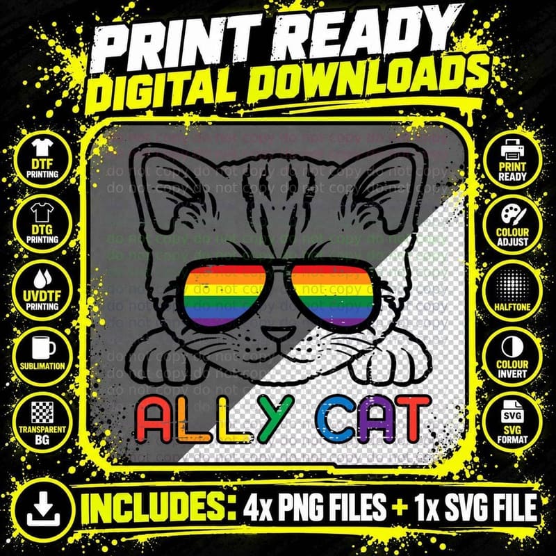 Ally Cat Rainbow Sunglasses Gay Pride Flag LGBTQ Men Png SVG Digital Bundle