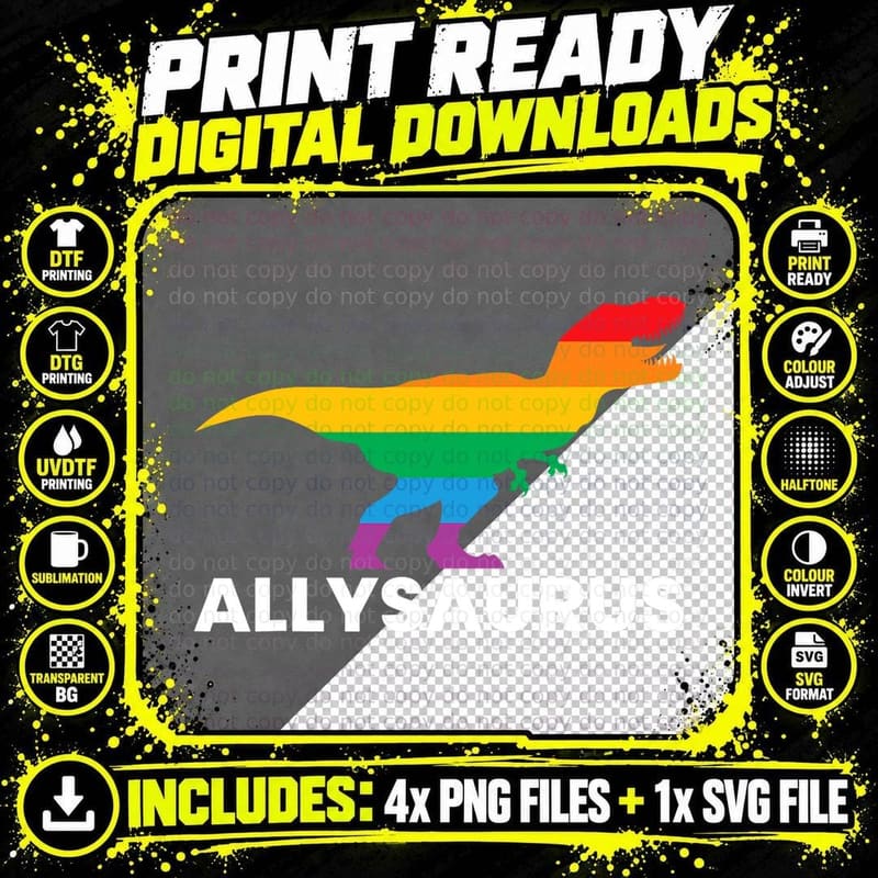 Allysaurus Dinosaur in Rainbow Flag for Ally LGBT Gay Png SVG Digital Bundle