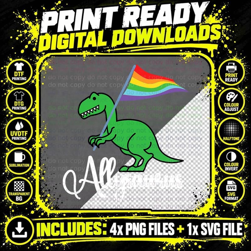 Allysaurus LGBTQ+ Dinosaur Rainbow Flag Ally Pride Month Png SVG Digital Bundle