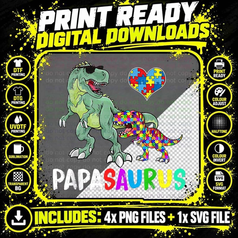 Autism Awareness Dinosaur Papasaurus Papa T-Shirt Png SVG Digital Bundle