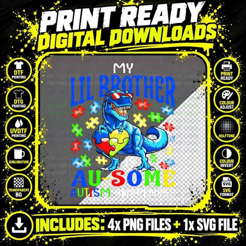 Autism Support Autistic My Lil Brother Is Awesome Png SVG Digital Bundle