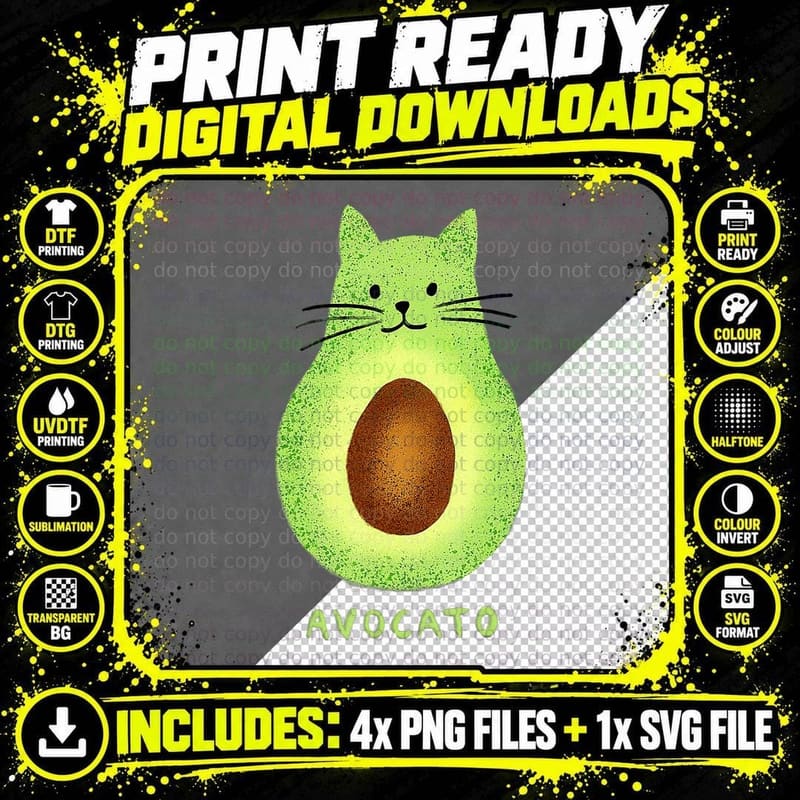 Avocato Funny Cute Cat Avocado Vegan and Cat Lover Png SVG Digital Bundle