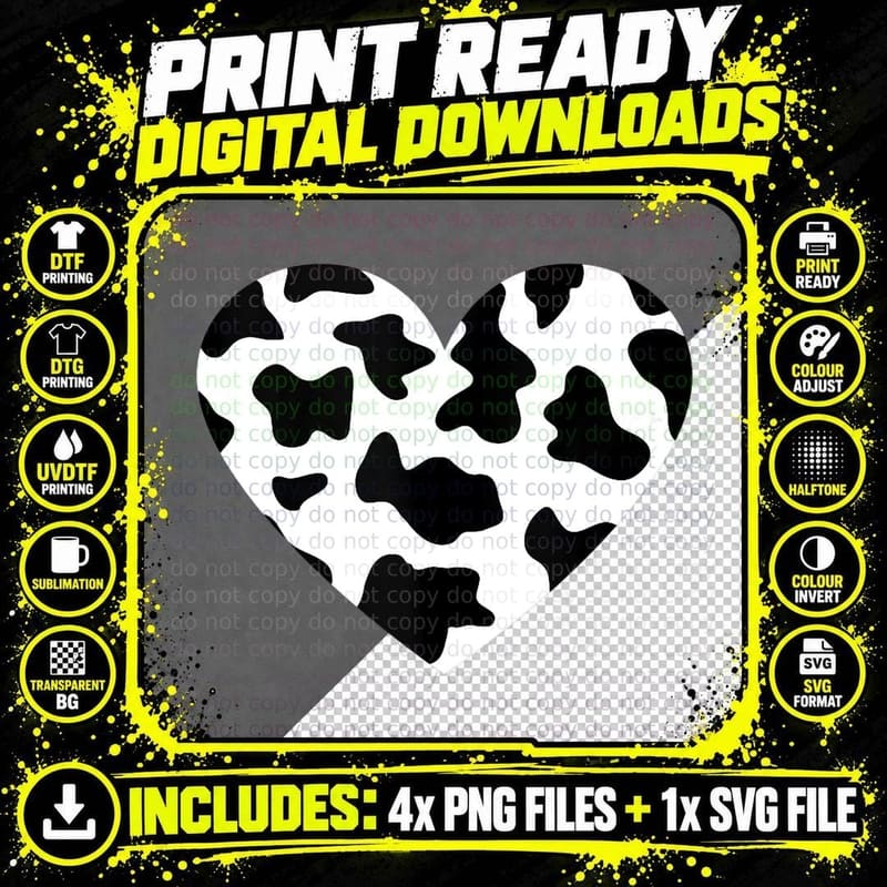 Awesome Cow Print Black & White Print Heart Png SVG Digital Bundle