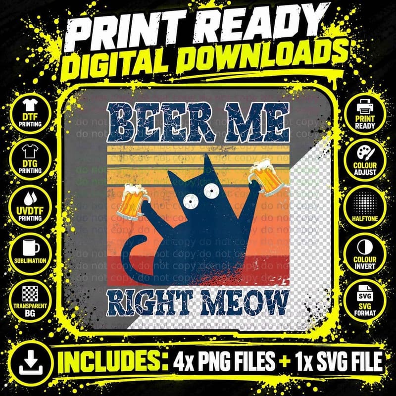Beer Me Right Meow Cat Tops Summer Dresses Pajamas Cat Png SVG Digital Bundle