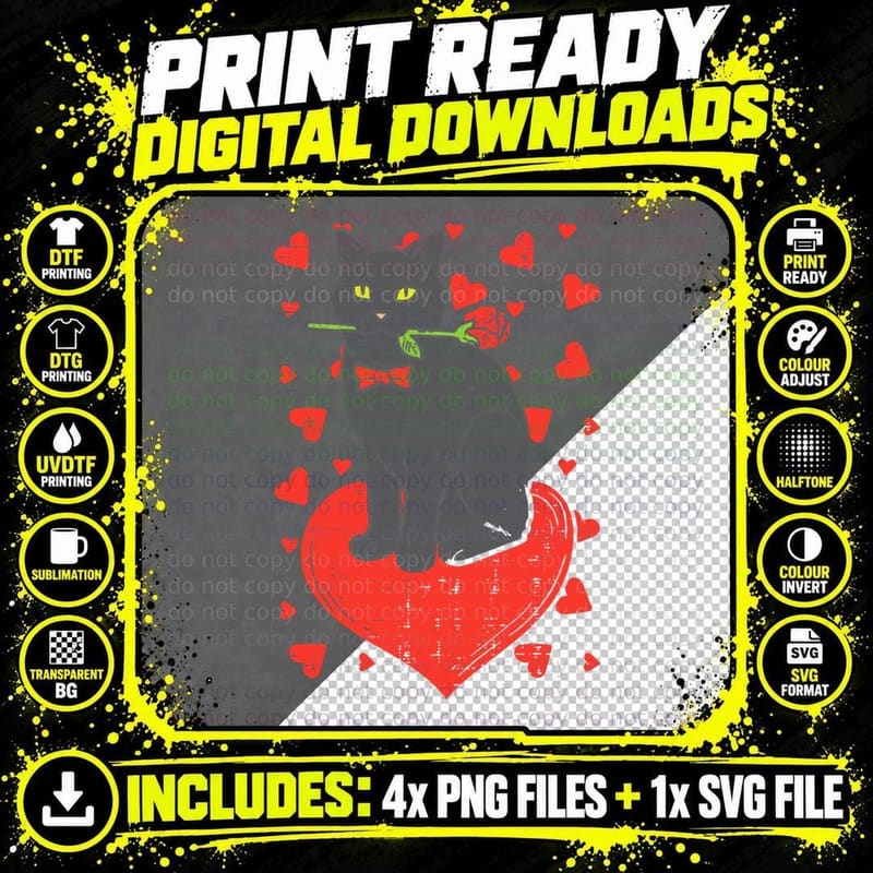 Black Cat Tie Red Rose Heart Cute Valentines Day Pet Png SVG Digital Bundle