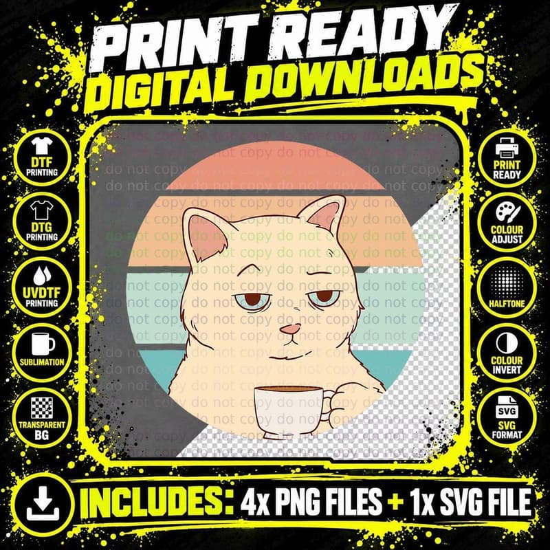Bored Cat with Coffee Retro Sunshine Funny Graphic Png SVG Digital Bundle